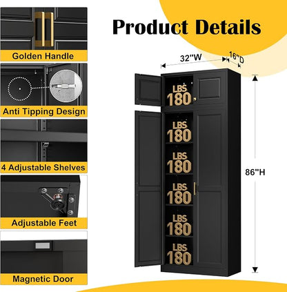 Steeloong86“ Kitchen Pantry Cabinet,Metal Storage Cabinets with Doors and 4 Adjustable Shelves,Black Kitchen Cabinet with 4 Gold Handles,Tall Cabinet for Livingroom,Pantry, Bathroom