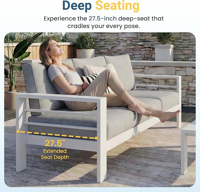 Wisteria Lane Aluminum Outdoor Sofa, Loveseat Sofa Patio Couch All-Weather Rust-Proof Modern Metal Patio Furniture with 5" Thick Olefin Cushions, Light Grey