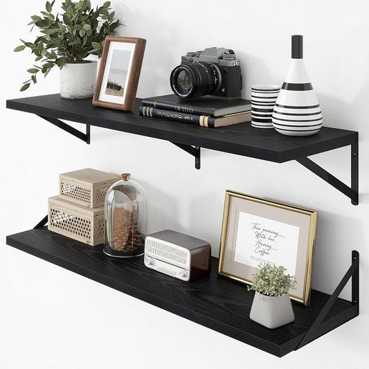 Axeman Deep Floating Shelves - 40 Inch Black Floating Shelves Set of 2-12 Inch Deep Wood Wall Shelves for Living Room Bathroom Kitchen