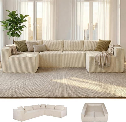 128" U-Shaped Modular Sofa, Modern Cloud Couch with Double Chaise, Sectional Boneless Couch with Pillows, Deep Seat Sofa for Living Room Bedroom, No Assembly Required, Khaki