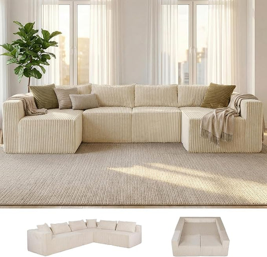 128" U-Shaped Modular Sofa, Modern Cloud Couch with Double Chaise, Sectional Boneless Couch with Pillows, Deep Seat Sofa for Living Room Bedroom, No Assembly Required, Khaki