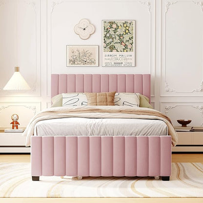 Bellemave Full Bed Frame with Trundle Bed,Velvet Upholstered Platform Bed Frame,Full Size Trundle Bed with Headboard for Kids Teens Adults(Pink)