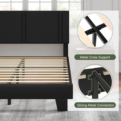 Feonase Full Size Platform Bed Frame, Fabric Upholstered Full Bed Frame, Solid Wood Slats & Heavy Duty Feet Support, No Box Spring Needed, Noise-Free, Easy Assembly, Black