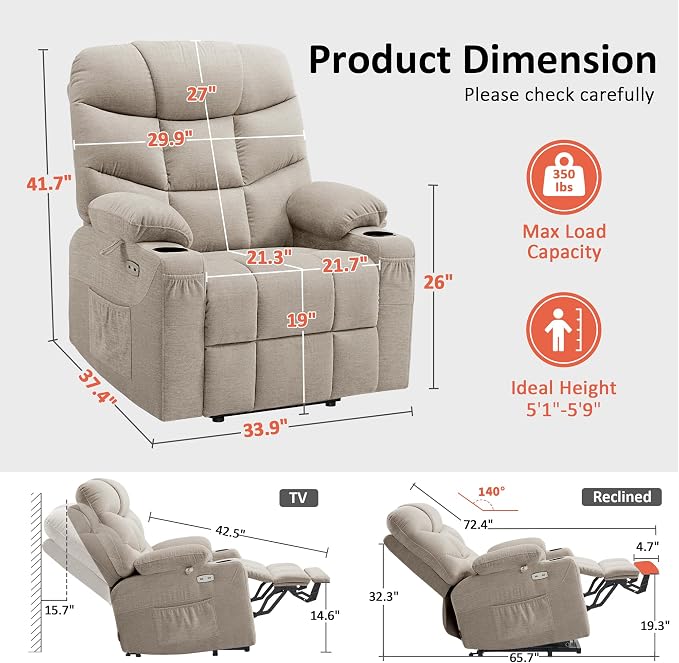 MCombo Power Lift Recliner Chair for Elderly, Electric Lift Chair with Extended Footrest, USB Ports, Cup Holders, Fabric 7287 (Oatmeal, Medium)
