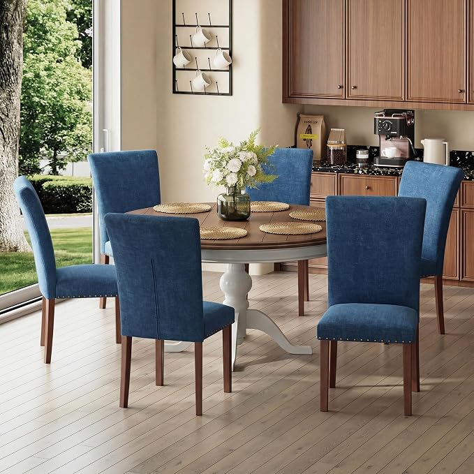 MALOL Dining Chairs Set of 6, High Back Dining Chair with Wood Legs and Nailhead Trim, Modern Padded Kitchen Room Chairs for Dining Room/Restaurant, Dark Blue
