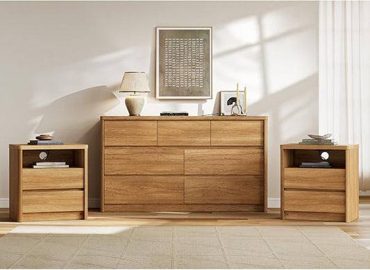 3 Pieces Bedroom Set, 55 Inch Width 7-Drawer Dresser & 2-Drawer Nightstands Set of 2,Nightstand with USB&Type C Charging Station&Outlets,Modern Design for Bedroom, Natural Oak