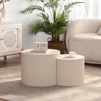 Round Wood Coffee Table Set od 2 for Small Space, Morden End Table, Fluted Side Table, Circle Wooden Center Table for Living Room, Fully Assembled