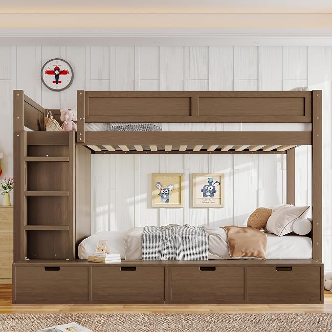 Bellemave Twin Over Twin Bunk Bed with Storage Drawers,Solid Wood Bunk Bed with Built-in Wardrobe,Storage Shelf and Safety Guardrails for Kids Girls Boys,Brown