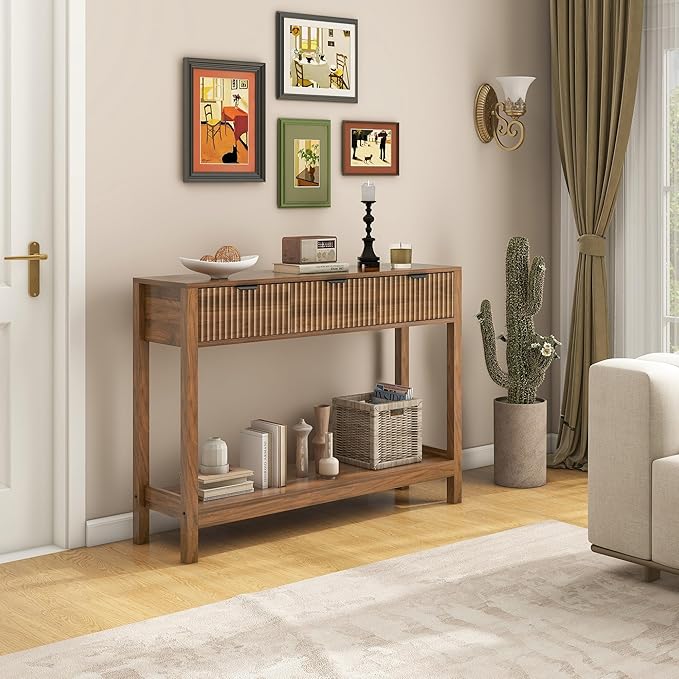 Nasonet Fluted Console Table, Wooden Sofa Table with Storage and Drawers, Farmhouse Behind Couch Table Entryway Table for Entrance, Hallway, Living Room, Brown