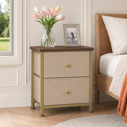 Sweetcrispy Nightstand Set of 2 with 2 Storage Drawers, Small Bedside Table | 20" Height Furniture End Table, Wooden Top Fabric Cabinet for Bedroom, Closet, Entryway, Khaki 2Pack