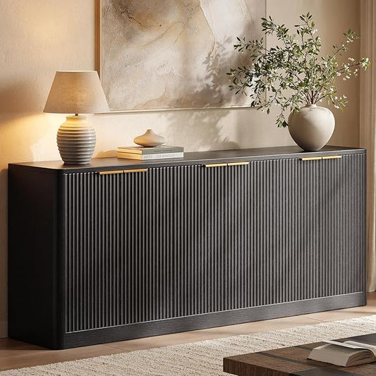 Evermagin 67" Fluted Black Buffet Cabinet Sideboard with Storage, Large Credenza with 6 Doors, Wood Mid Century Modern Sideboard for Kitchen and Living Room (67"*31.5"*15.7")