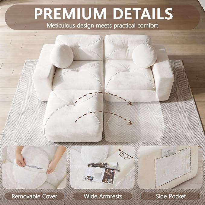 82" Modular Sectional Cloud Couch, L Shaped Sofa Boneless Couches with Movable Ottoman, 2 Deep Seat Modern Comfy Velvet Sofa for Living Room, Bedroom, Apartment (Beige)