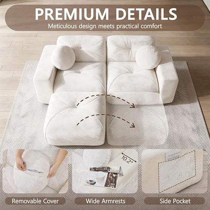 82" Modular Sectional Cloud Couch, L Shaped Sofa Boneless Couches with Movable Ottoman, 2 Deep Seat Modern Comfy Velvet Sofa for Living Room, Bedroom, Apartment (Beige)