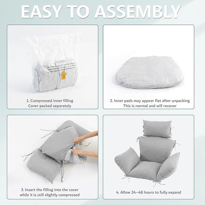 Egg Chair Cushion with 8 Securing Straps, Water-Repellent & Fade-Resistant Faux Linen, Removable Cover, Replacement Cushion for Most Single Outdoor Hanging Swing Egg Chairs – Light Grey