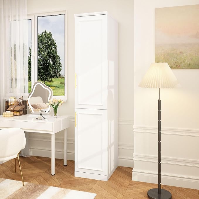 Timechee Almirah for Clothes, 74.8" Tall Bedroom Closet Storage Cabinet with Doors and Shelves, Hanging Rod, 2 Door Narrow Bathroom Storage Cabinet, White Narrow Wardrobe Clothes Closet for Bedroom