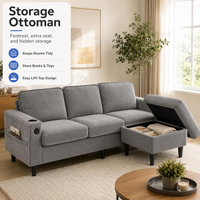 67'' L-Shaped Velvet Modular Sectional Couch Sofa with Ottoman, 3-Seat Convertible Cloud Deep Seat Sofa Couches for Living Room Bedroom Apartment, Cozy Chaise Lounge Sofas (Ligth Grey)