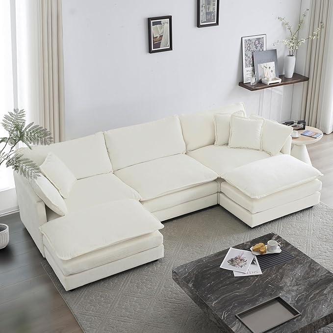 GNIXUU 111.5“ Oversized Modular Sectional Sofa, Comfy Cloud Couch for Living Room, Modern Chenille Large Deep Seat U Shaped Couch with Reversible Chaise & Cushions(6 Seater, Beige White)