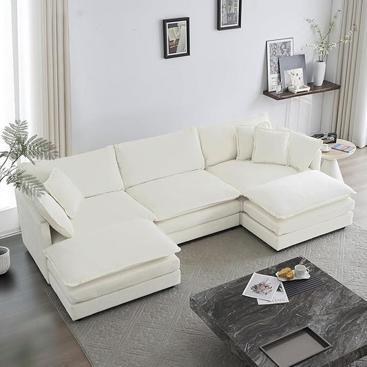 GNIXUU 111.5“ Oversized Modular Sectional Sofa, Comfy Cloud Couch for Living Room, Modern Chenille Large Deep Seat U Shaped Couch with Reversible Chaise & Cushions(6 Seater, Beige White)
