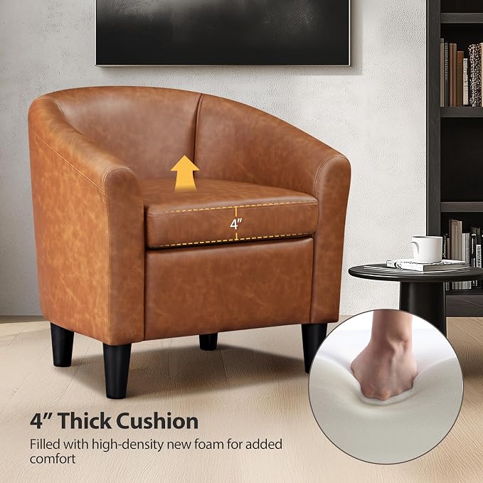 Topeakmart Leather Accent Chair, PU Leather Modern Barrel Chair Club Armchair with Soft Padded for Living Room Bedroom, Brown, Set of 2