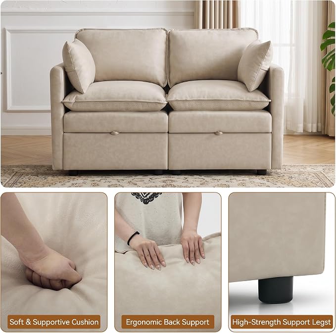 55" Beige Faux Leather Storage Loveseat Sofa, Upholstered 2 Seater Sofa | Modern Deep Seat Cloud Sofa Chair, Small Love Seat Comfy Modular Sectional Sofa for Living Room, Bedroom, Small spaces