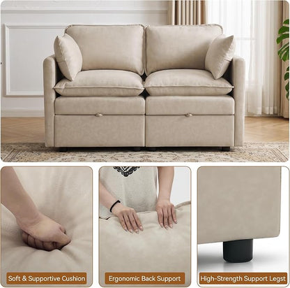 55" Beige Faux Leather Storage Loveseat Sofa, Upholstered 2 Seater Sofa | Modern Deep Seat Cloud Sofa Chair, Small Love Seat Comfy Modular Sectional Sofa for Living Room, Bedroom, Small spaces