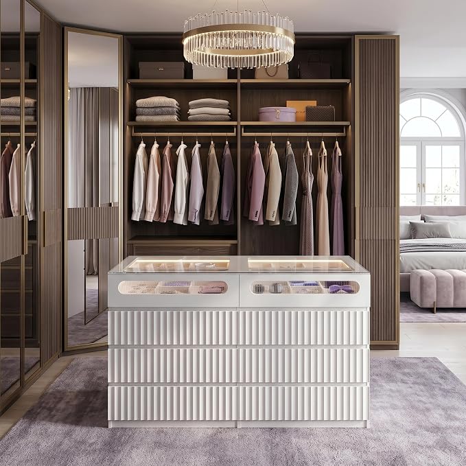 senlin Modern 16 Drawer Wardrobe Armoire with Glass Top LED Lights,Fluted Island Dresser Bedroom Closet Organizer System,Large Clothing Storage Cabinet with Jewelry Tray,Hidden Handles