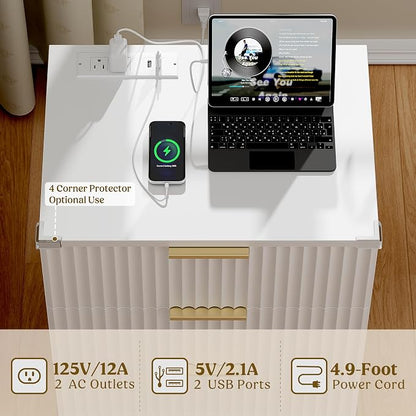 Lulive Wood 3 Drawers Dresser Fluted Night Stand with Charging Station, White Storage Nightstand Modern Side Table, Bedside Table for Bedroom, Entryway White