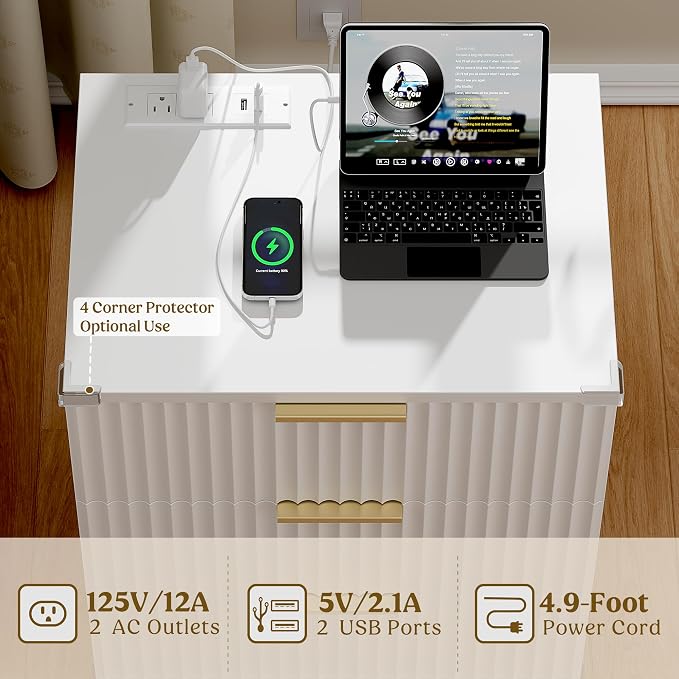 Lulive Modern Dresser and Nightstand Sets 3-Piece, 6-Drawer Dresser + 2 White Night Stands with Charging Station Bedroom Sets Solid Wood Legs (White)