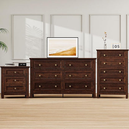 Farmhouse Dresser Nightstand Sets, 3-Piece Bedroom Furniture Set for Home | 5/6 Drawer Dresser Closet & 3 Drawer Nightstand, Chest of Drawers for Bedroom, Living Room, Entryway, Dark Brown
