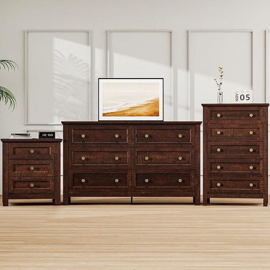 Farmhouse Dresser Nightstand Sets, 3-Piece Bedroom Furniture Set for Home | 5/6 Drawer Dresser Closet & 3 Drawer Nightstand, Chest of Drawers for Bedroom, Living Room, Entryway, Dark Brown