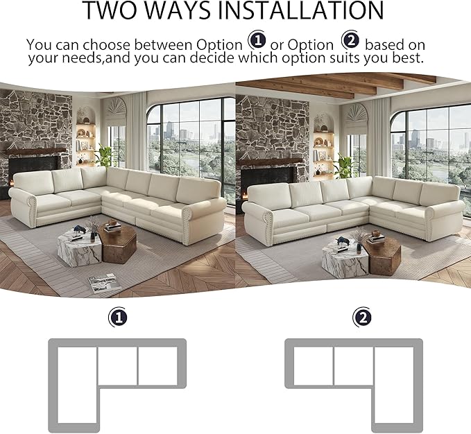 118" L-Shaped Sleeper Couch Bed - Oversize Convertible with Pull-Out Sofa Bed, Button Tufted Chesterfield Sofa, Chenille Sectional Vintage Couches for Living Room/Apartment(6-Seater, Beige)