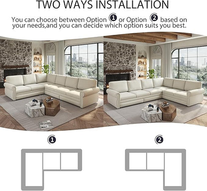 118" L-Shaped Sleeper Couch Bed - Oversize Convertible with Pull-Out Sofa Bed, Button Tufted Chesterfield Sofa, Chenille Sectional Vintage Couches for Living Room/Apartment(6-Seater, Beige)