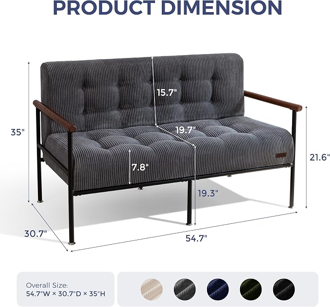 MAXYOYO Living Room Accent Chair, Loveseat Sofa Chair with Sturdy Metal Frame & Wood Armrests, Button Tufted Upholstered Small Couch Modern Love Seat for Bedroom Office, Dark Grey