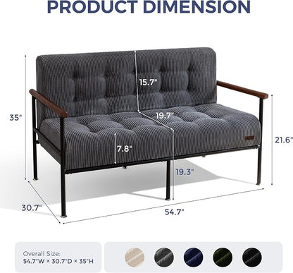 MAXYOYO Living Room Accent Chair, Loveseat Sofa Chair with Sturdy Metal Frame & Wood Armrests, Button Tufted Upholstered Small Couch Modern Love Seat for Bedroom Office, Dark Grey