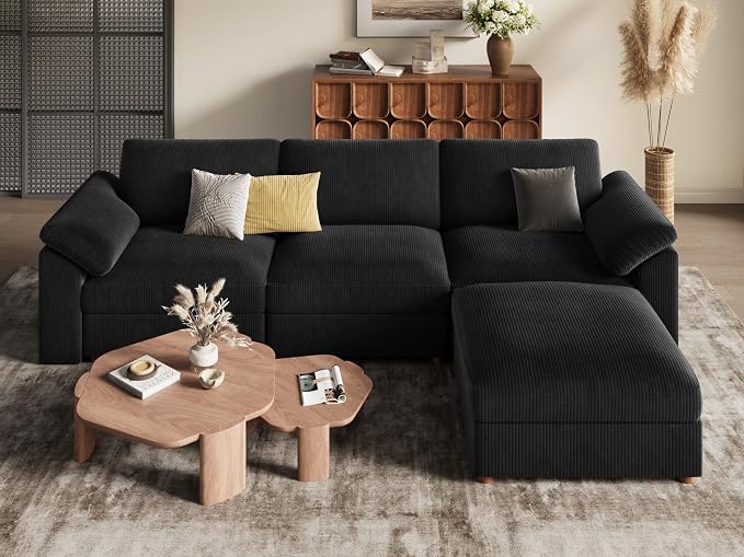 EASE MOOSE Black Modular Sectional deep Sofa, Modern Comfty Large L Shape Sectional Deep Couch with Ottoman, Oversized Modular Sofa for Living Room