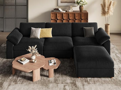 EASE MOOSE Black Modular Sectional deep Sofa, Modern Comfty Large L Shape Sectional Deep Couch with Ottoman, Oversized Modular Sofa for Living Room