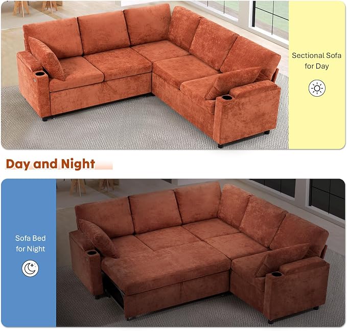 85" Chenille Sectional Sofa w/Pull Out Bed & Storage Space, Orange | Upholstery L Shaped Couch w/Cup Holders, Modern Corner Sofa w/USB Charging Port & Throw Pillow for Living Room