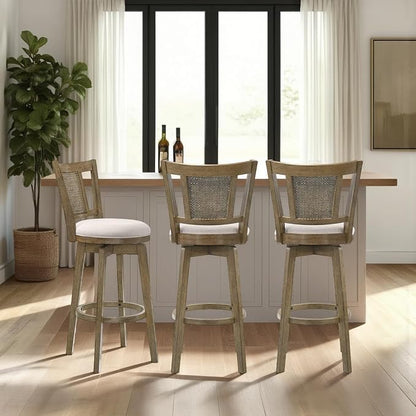 Armen Living Isla 30 in. Putty Brown Bar Height Rubberwood Swivel Barstool with Cream Fabric Seat - Set of 2