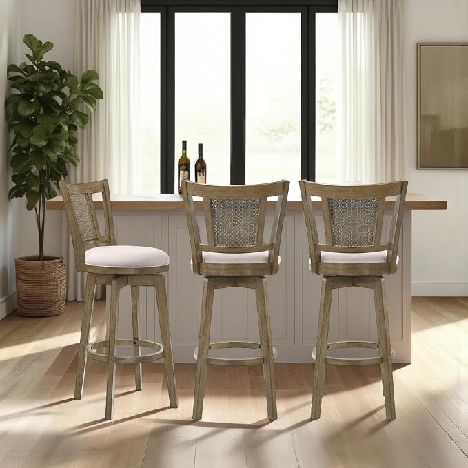 Armen Living Isla 30 in. Putty Brown Bar Height Rubberwood Swivel Barstool with Cream Fabric Seat - Set of 3