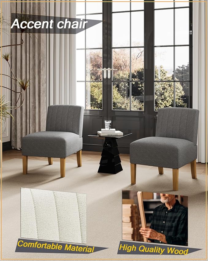 VIRRMO Armless Accent Chair for Living Room, Modern Slipper Chair With Solid Wood Legs, Makeup Vanity Fabric Comfy Upholstered Side Chair, Grey