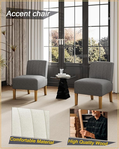 VIRRMO Armless Accent Chair for Living Room, Modern Slipper Chair With Solid Wood Legs, Makeup Vanity Fabric Comfy Upholstered Side Chair, Grey