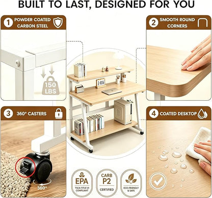 39.4 Inch Compact Rolling Computer Desk with Tier Worktable & Lockable Wheels, Small Computer Desk, Small Desk for Bedroom, Mobile Writing Workstation Easy Assembly for Home Office Small Spaces