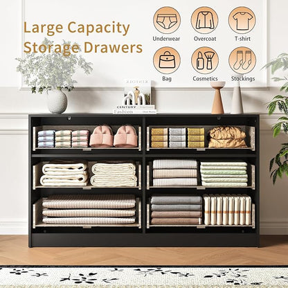 6 Drawer Dresser and Nightstand Sets for Bedroom, 3 Pcs Bedroom Set, Night Stand Set of 2 & 6 Drawer Dresser with Gold Handles, Modern Wood Chest of Drawers Storage Cabinet Set, Black