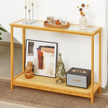 Bamboo Narrow Console Table, 39.4"(L) Wood Small Entryway Table with Rattan and Glass, Accent Slim Hallway Tables, Thin Sofa Side Tables for Hallway, Living Room, Foyer, Burlywood