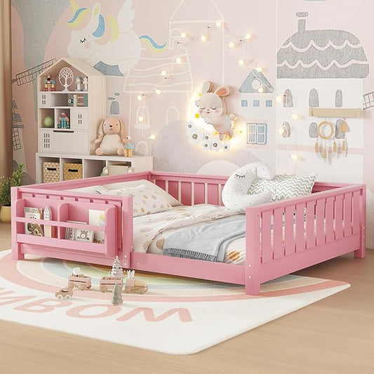 Bellemave Full Floor Bed with Slats and Rails, Full Size Montessori Floor Bed with Bookcase and Fence, Easy Assemble Montessori Beds for Girls, Boys, Pink Floor Beds