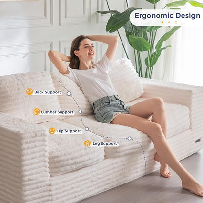 MAXYOYO 3-Seater Boneless Sofa Couch, Modern Faux Fur Sofa for Living Room, Soft Bean Bag Chair High-Density Foam Couch with Pillows, No Assembly Required
