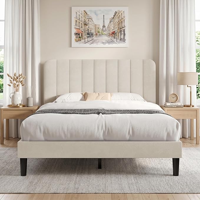 VECELO Queen Size Bed Frame with Upholstered Headboard, Velvet Platform Bedframe Mattress Foundation, Strong Wood Slat Support, No Box Spring Needed,Bone Beige