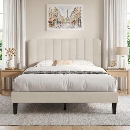 VECELO Queen Size Bed Frame with Upholstered Headboard, Velvet Platform Bedframe Mattress Foundation, Strong Wood Slat Support, No Box Spring Needed,Bone Beige