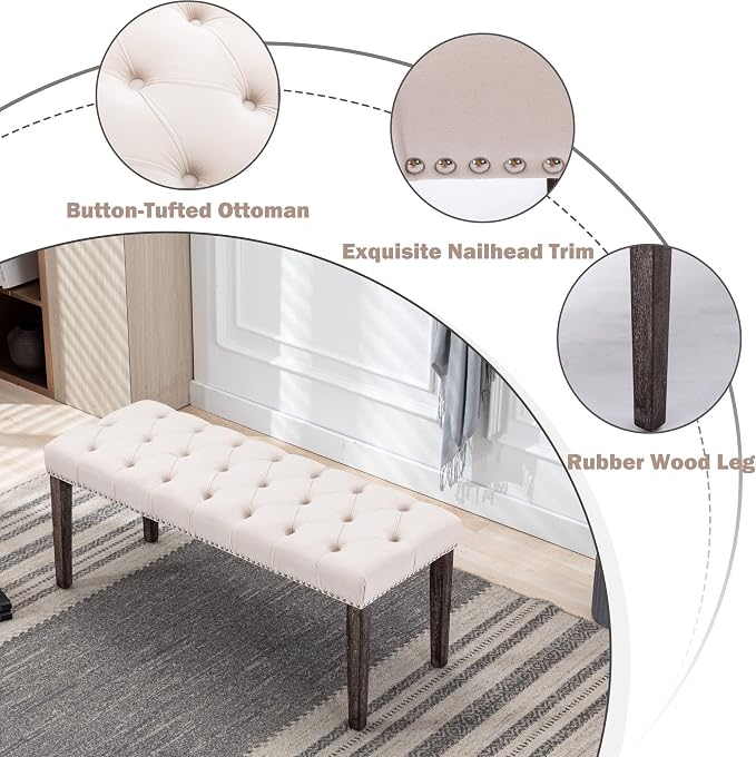 KCC Button-Tufted Ottoman Bench, Upholstered Bedroom Benches Velvet Footrest Stool Accent Bench for Entryway Dining Room Living Room Bedroom End of Bed, Beige