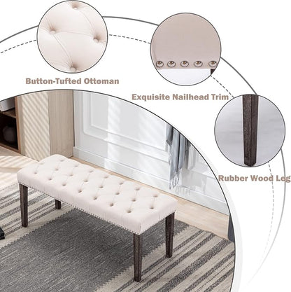 KCC Button-Tufted Ottoman Bench, Upholstered Bedroom Benches Velvet Footrest Stool Accent Bench for Entryway Dining Room Living Room Bedroom End of Bed, Beige